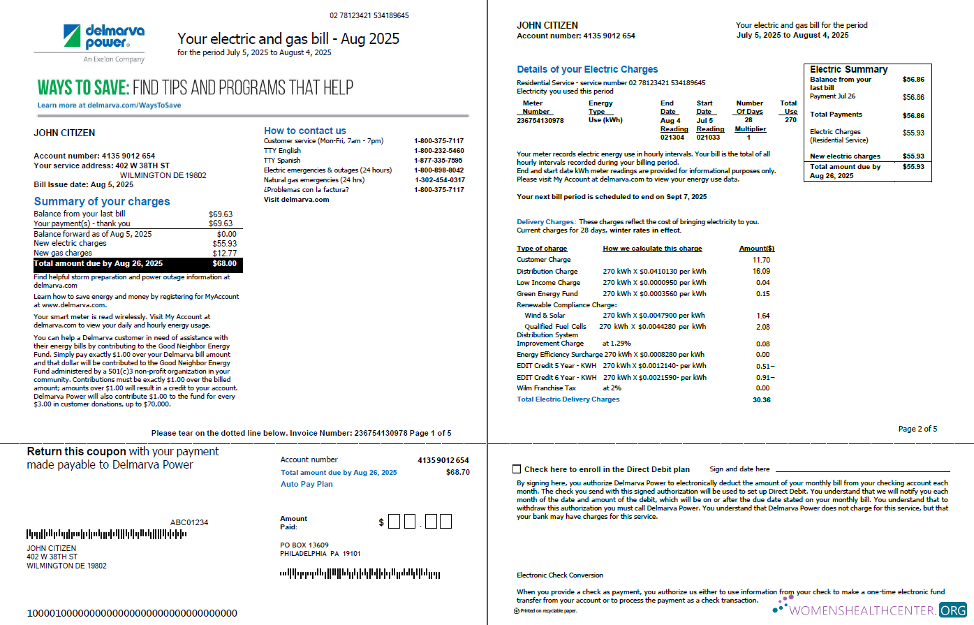 download USA Delmarva Power utility bill template in Word and PDF formats, 5 pages, 1 2 pages PDF template